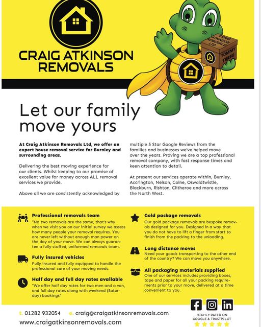 Craig Atkinson Removals full-page advertisement featuring the turtle mascot and slogan “Let our family move yours.”