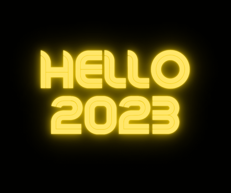 Neon yellow “Hello 2023” glowing text on black background.