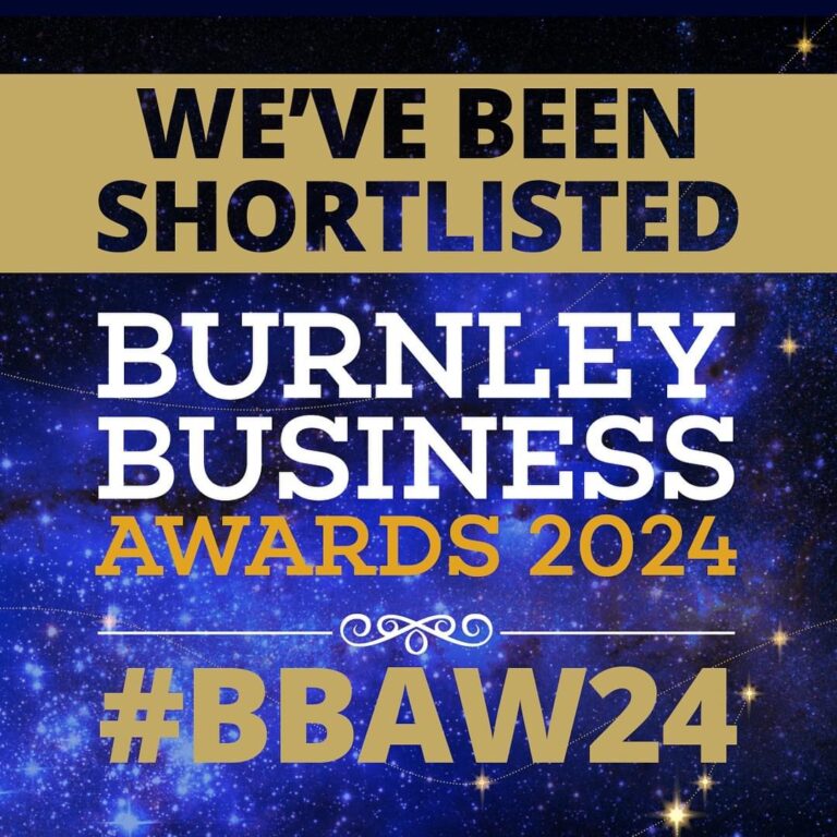 Burnley Business Awards 2024 shortlist graphic with #BBAW24 text and blue starry background.