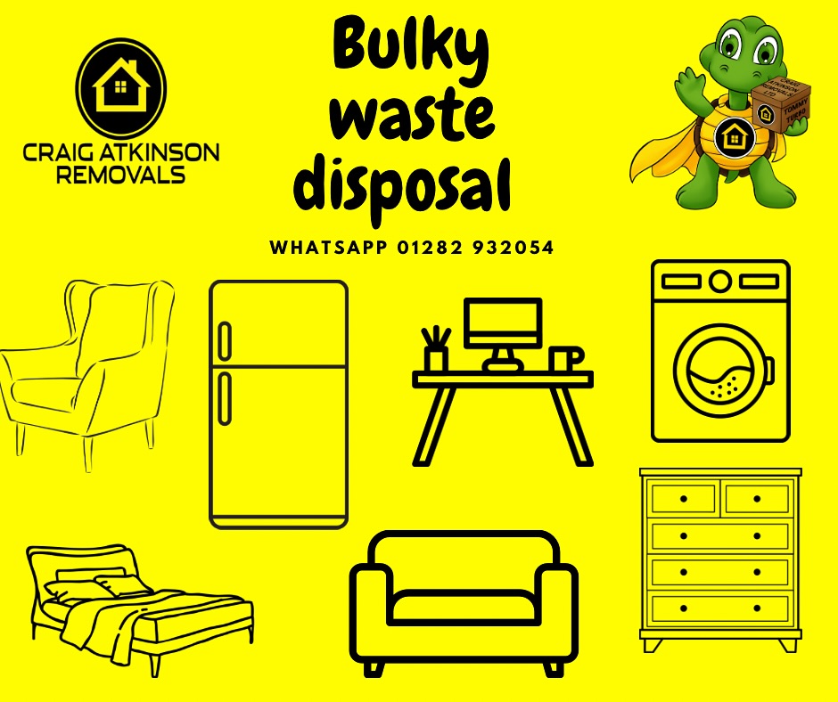 Graphic promoting bulky waste disposal by Craig Atkinson Removals, showing furniture and appliances icons on a yellow background.
