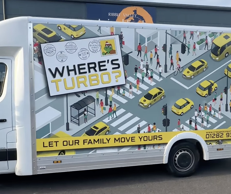 Craig Atkinson Removals van with “Where’s Turbo?” design and the slogan “Let our family move yours,” photographed in the Ribble Valley.