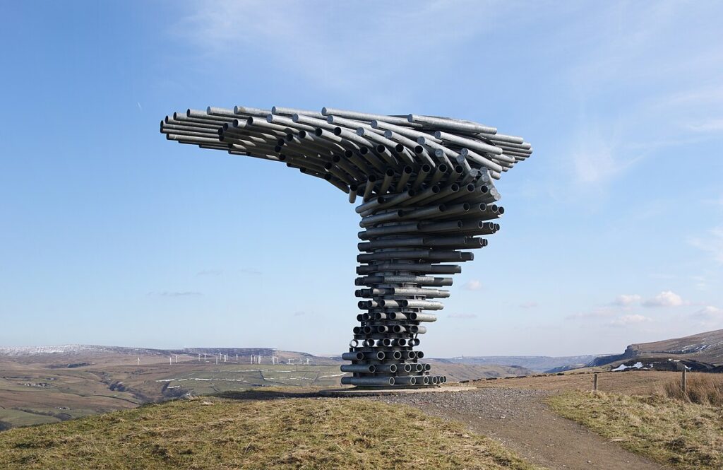 The Singing Ringing Tree sculpture overlooking the hills of Burnley, Lancashire.