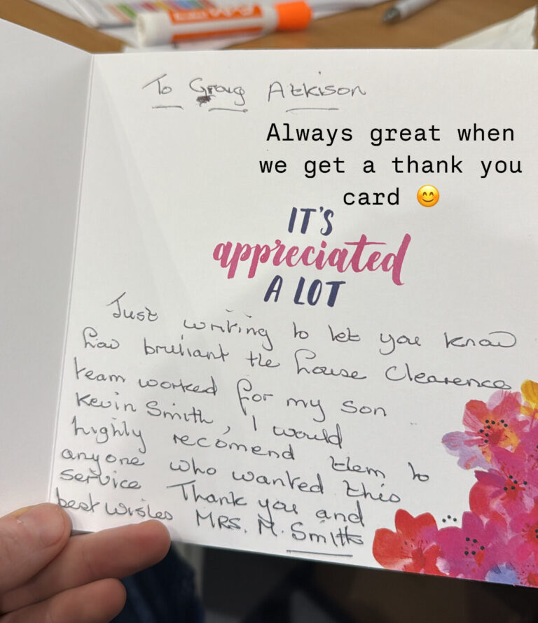 A handwritten thank you card from a Craig Atkinson Removals customer praising the team’s brilliant house clearance service.