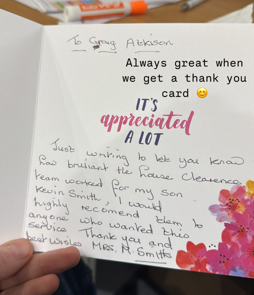 A handwritten thank you card from a Craig Atkinson Removals customer praising the team’s brilliant house clearance service.